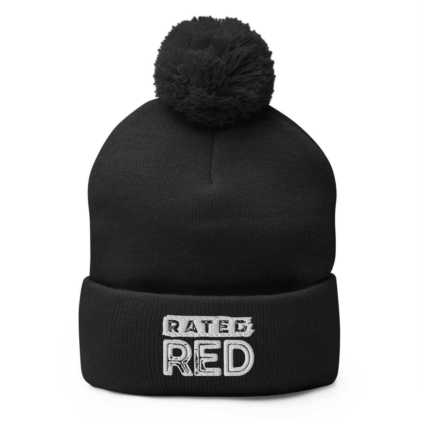 Rated Red Embroidered Ball-top Beanie