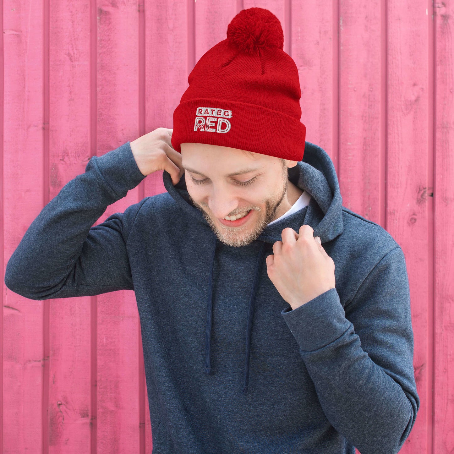 Rated Red Embroidered Ball-top Beanie