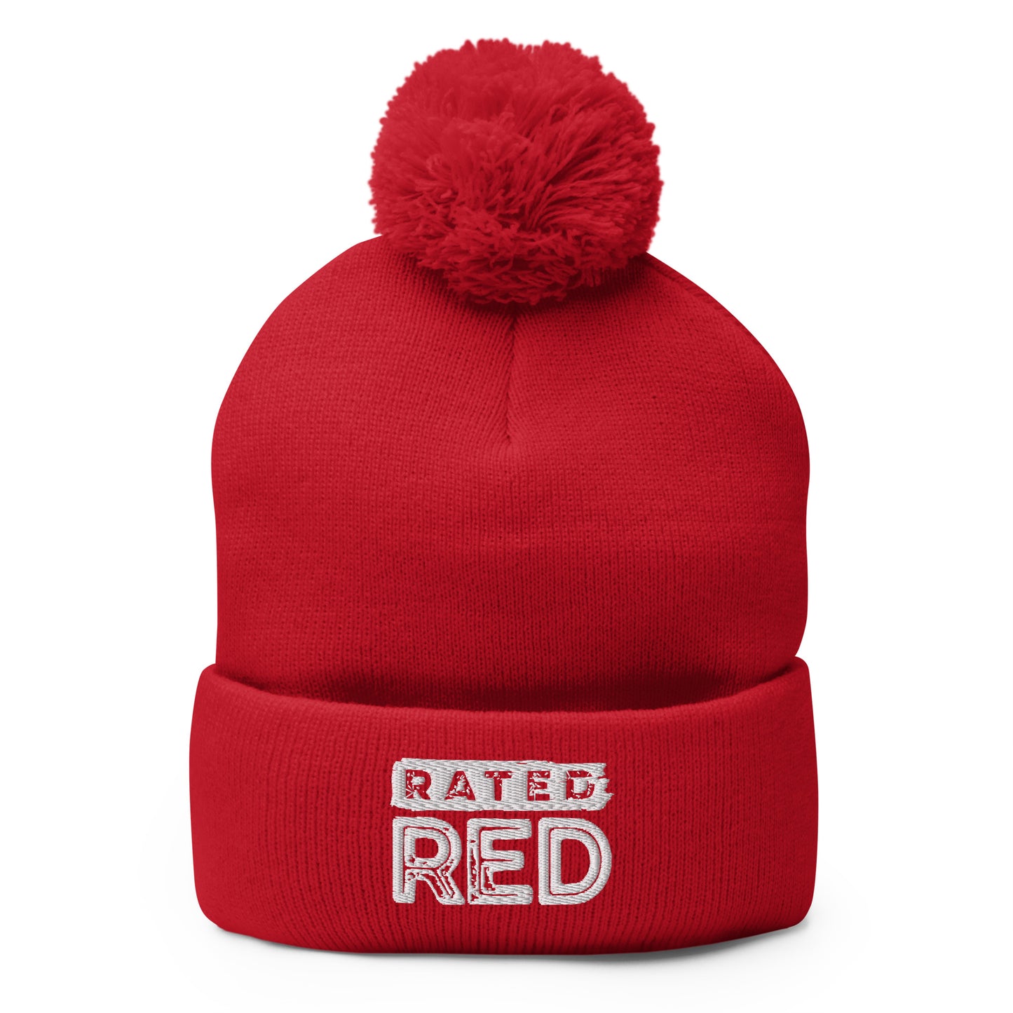 Rated Red Embroidered Ball-top Beanie