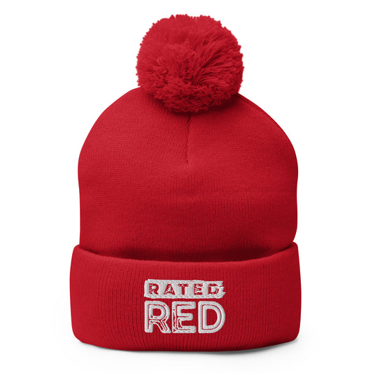 Rated Red Embroidered Ball-top Beanie