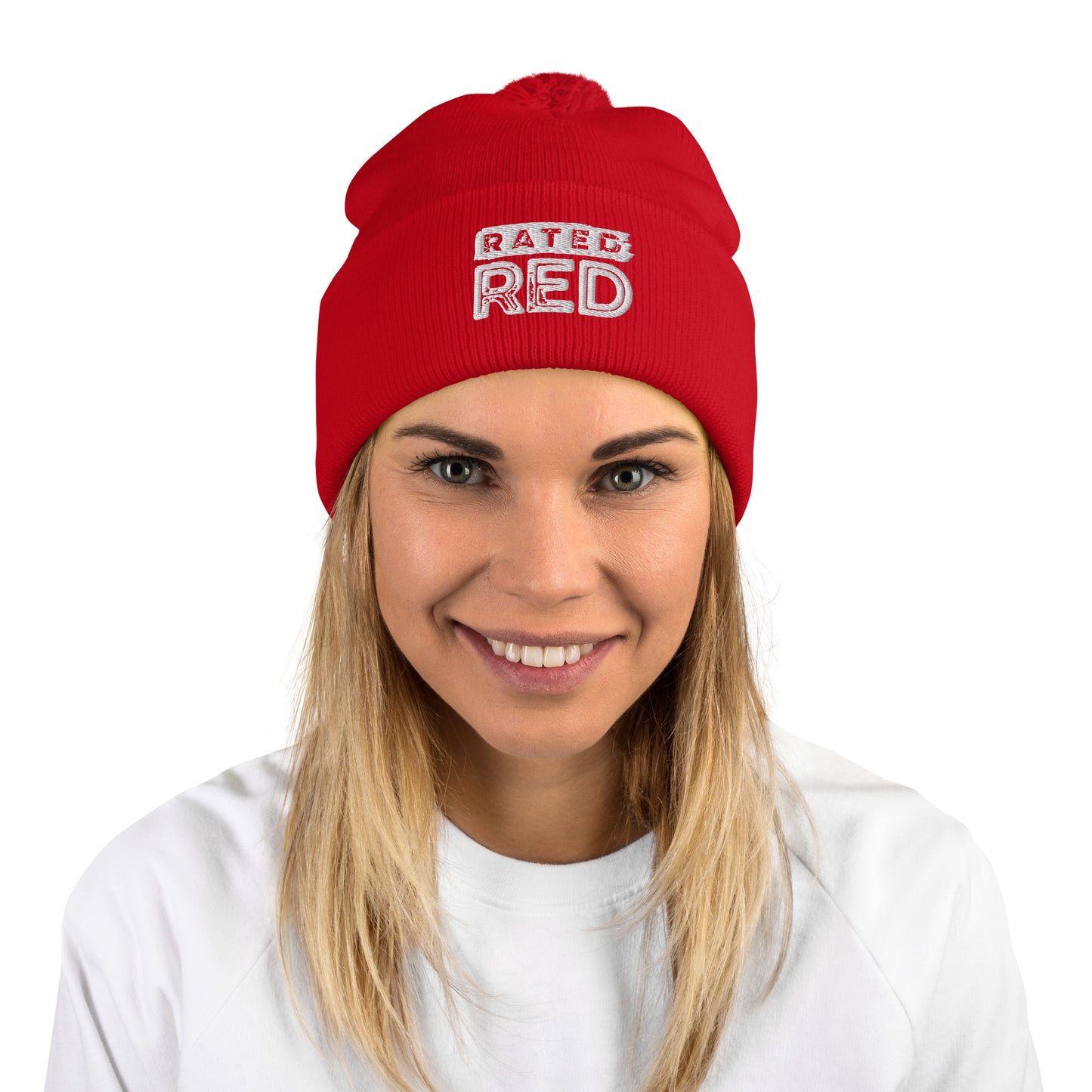 Rated Red Embroidered Ball-top Beanie